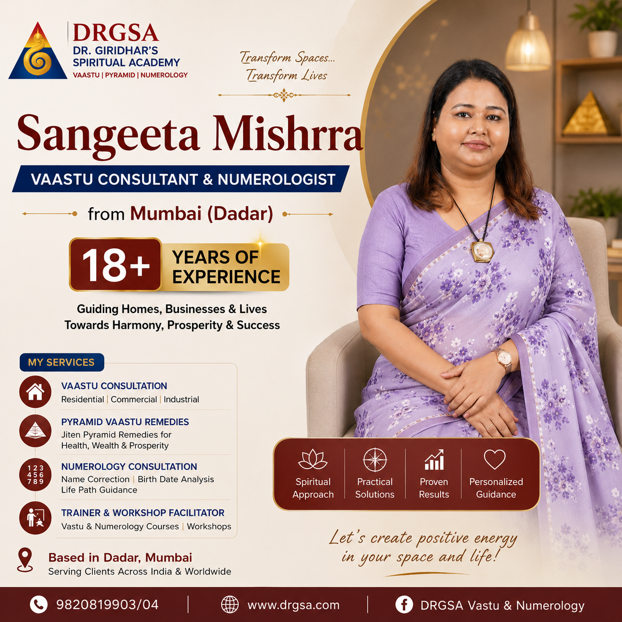 Professional portrait of Sangeeta Mishrra, an experienced Vastu Consultant and Numerologist at DRGSA – Dr. Giridhar's Spiritual Academy, Mumbai (Dadar). She offers residential and commercial Vastu consultation, Pyramid Vastu remedies, name numerology, birth date analysis, life path guidance, Vastu and numerology training, workshops, and online consultations across India and worldwide. Learn more at drgsa.com