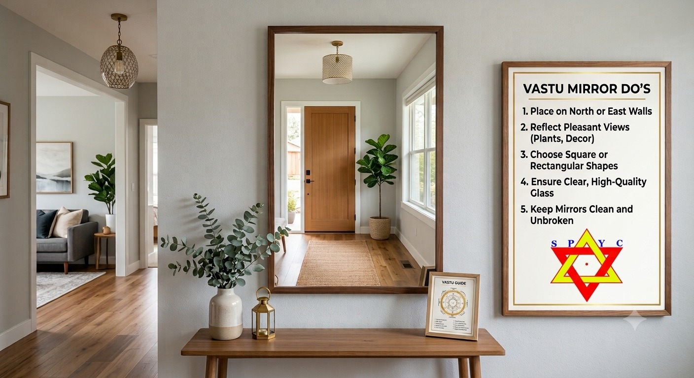 Mirror Placement as per Vastu showing suitable mirror positions in a bright and well-organised home.